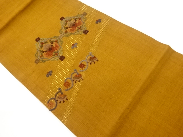 JAPANESE NAGOYA OBI / TSUMUGI / EMBROIDERY / WOVEN FLOWER ARABESQUE